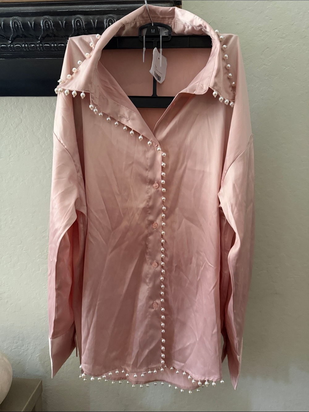 Boutique Blush Pink Pearl-Trim Button-Down Shirt